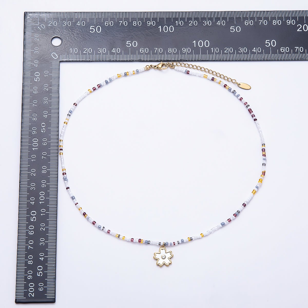 Stainless Steel Gold PVD 3mm Shell Pear Flower Multicolor Seed Bead Gemstone Chain 16.5 Inch Necklace | WA-00888 - DLUXCA