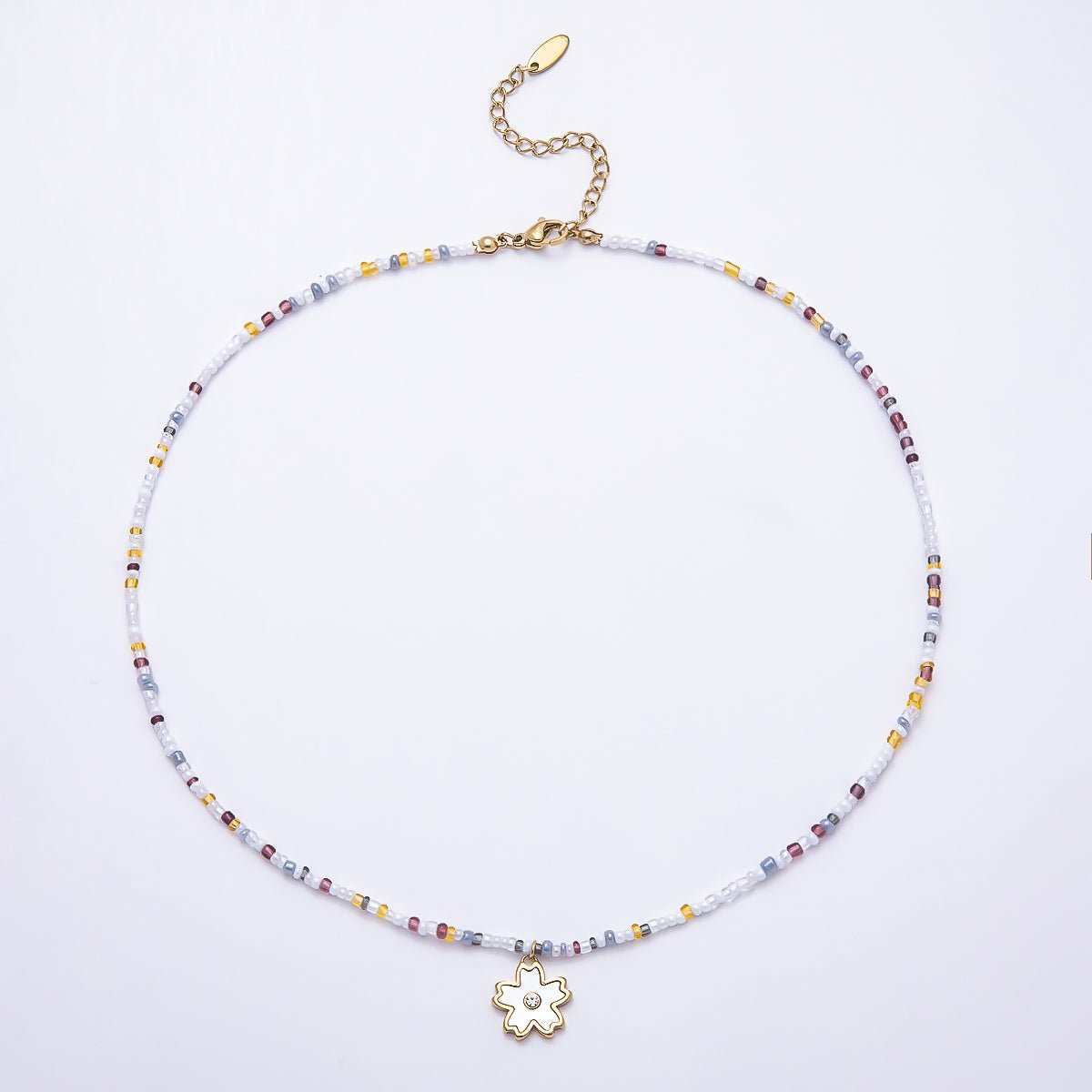 Stainless Steel Gold PVD 3mm Shell Pear Flower Multicolor Seed Bead Gemstone Chain 16.5 Inch Necklace | WA-00888 - DLUXCA