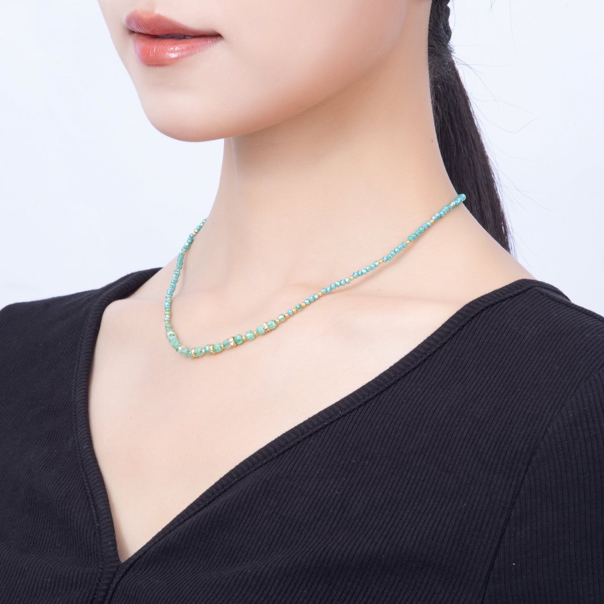 Stainless Steel Gold PVD 4mm Multifaceted Rondelle Bead Crystal Gemstone Chain 16.5 Inch Necklace | WA-02357 ~ WA-02524 - DLUXCA