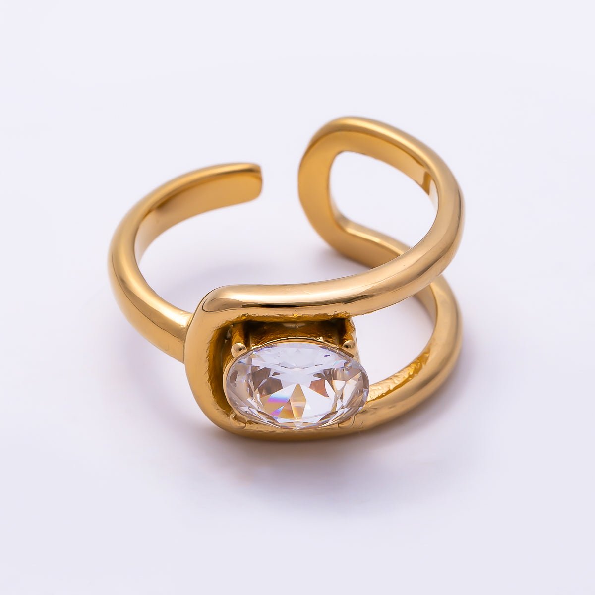 Stainless Steel Gold PVD Abstract Curved Loop Oval CZ Adjustable Ring | Rings-00365 - Rings-00366 - DLUXCA