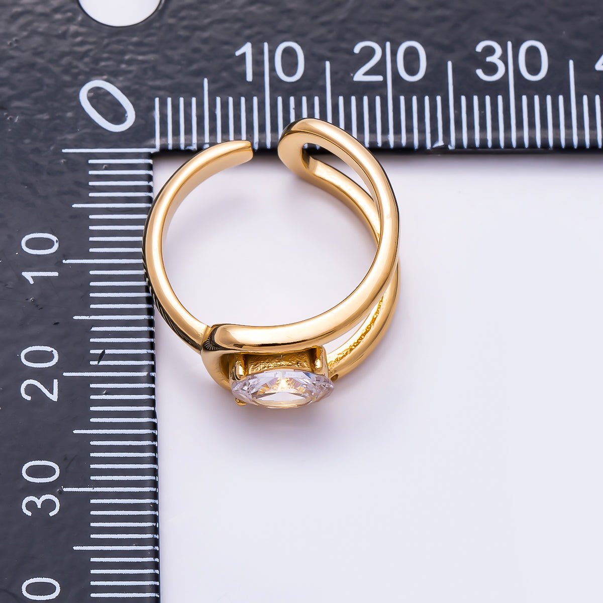 Stainless Steel Gold PVD Abstract Curved Loop Oval CZ Adjustable Ring | Rings-00365 - Rings-00366 - DLUXCA