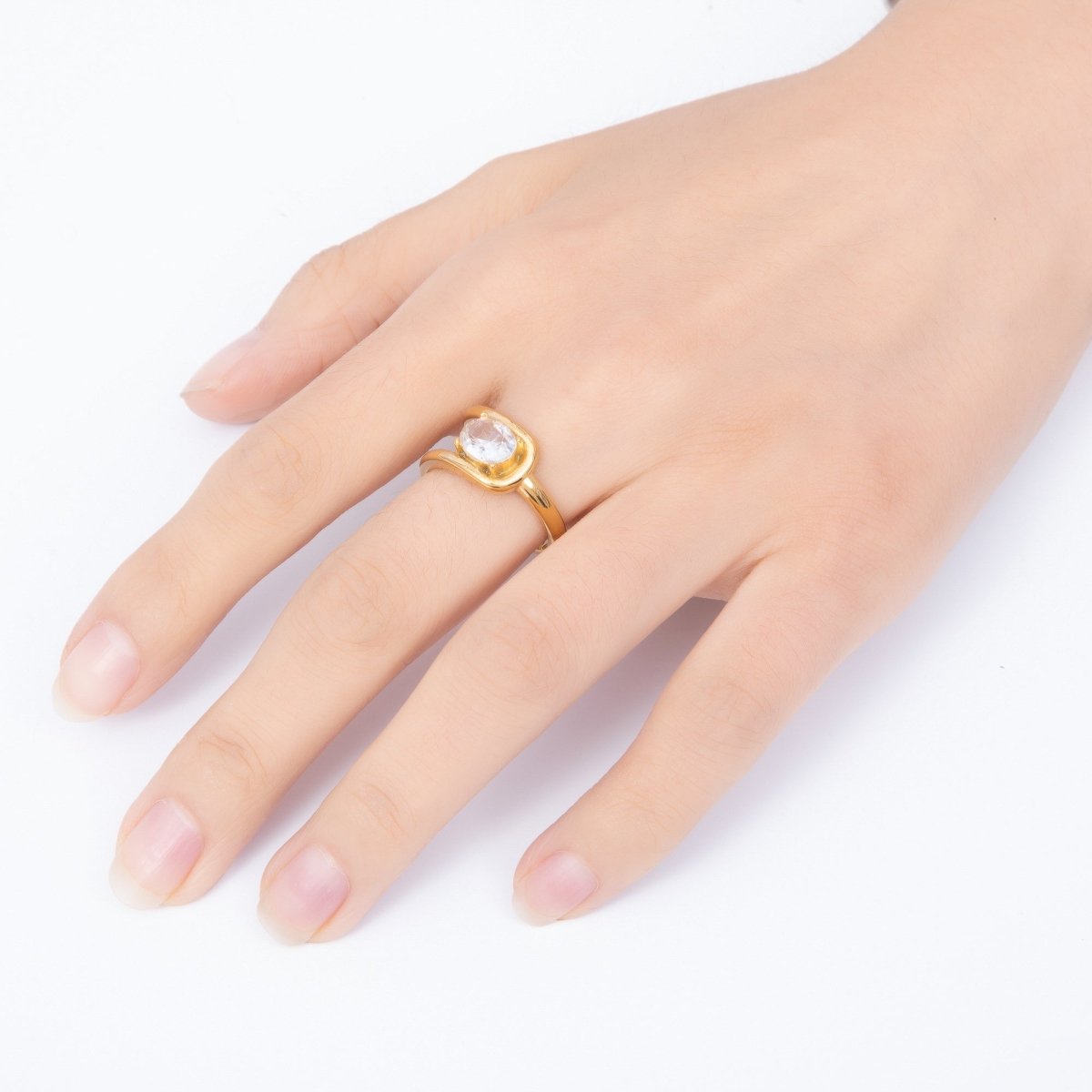 Stainless Steel Gold PVD Abstract Curved Loop Oval CZ Adjustable Ring | Rings-00365 - Rings-00366 - DLUXCA