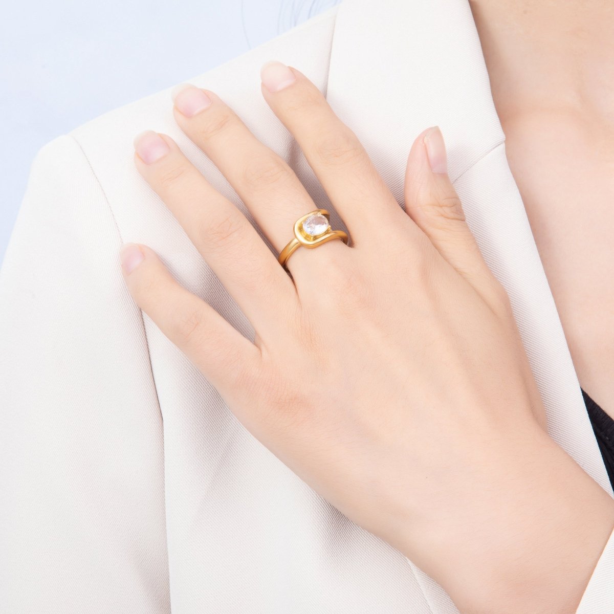 Stainless Steel Gold PVD Abstract Curved Loop Oval CZ Adjustable Ring | Rings-00365 - Rings-00366 - DLUXCA