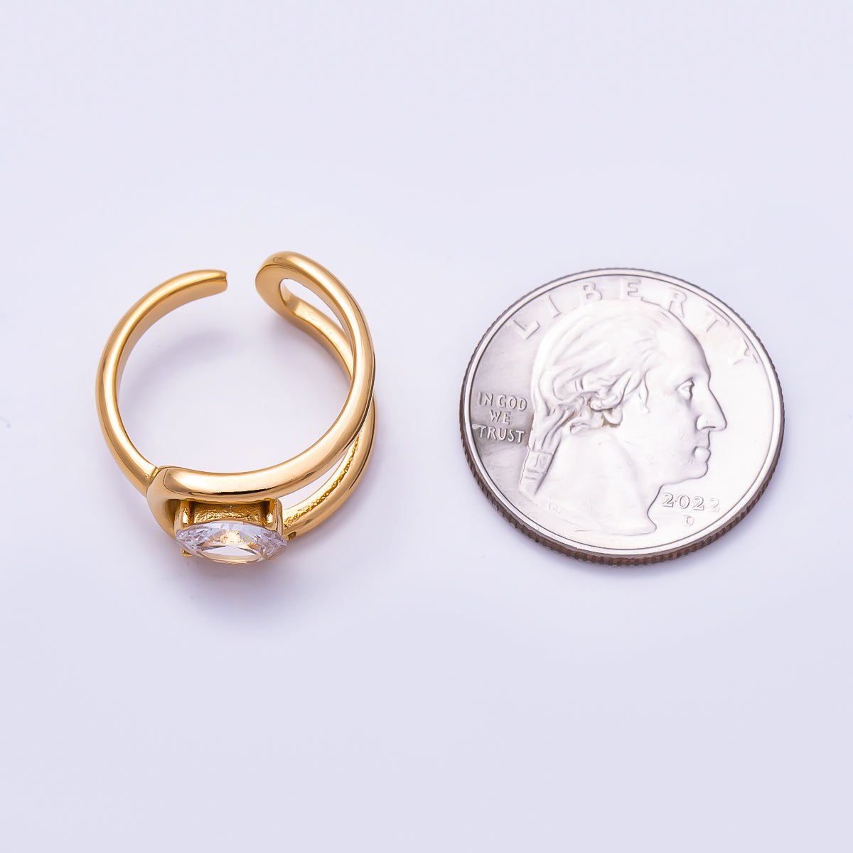 Stainless Steel Gold PVD Abstract Curved Loop Oval CZ Adjustable Ring | Rings-00365 - Rings-00366 - DLUXCA