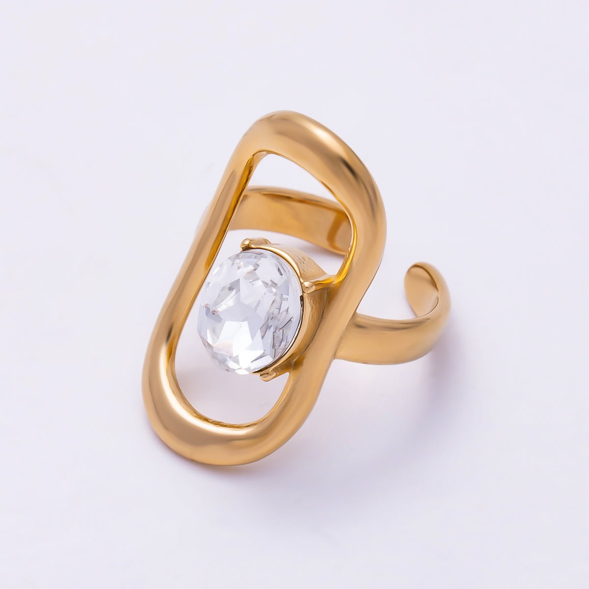 Stainless Steel Gold PVD Abstract Open Oval Frame Solitaire CZ Adjustable Ring | Rings-00355 - Rings-00356 - DLUXCA