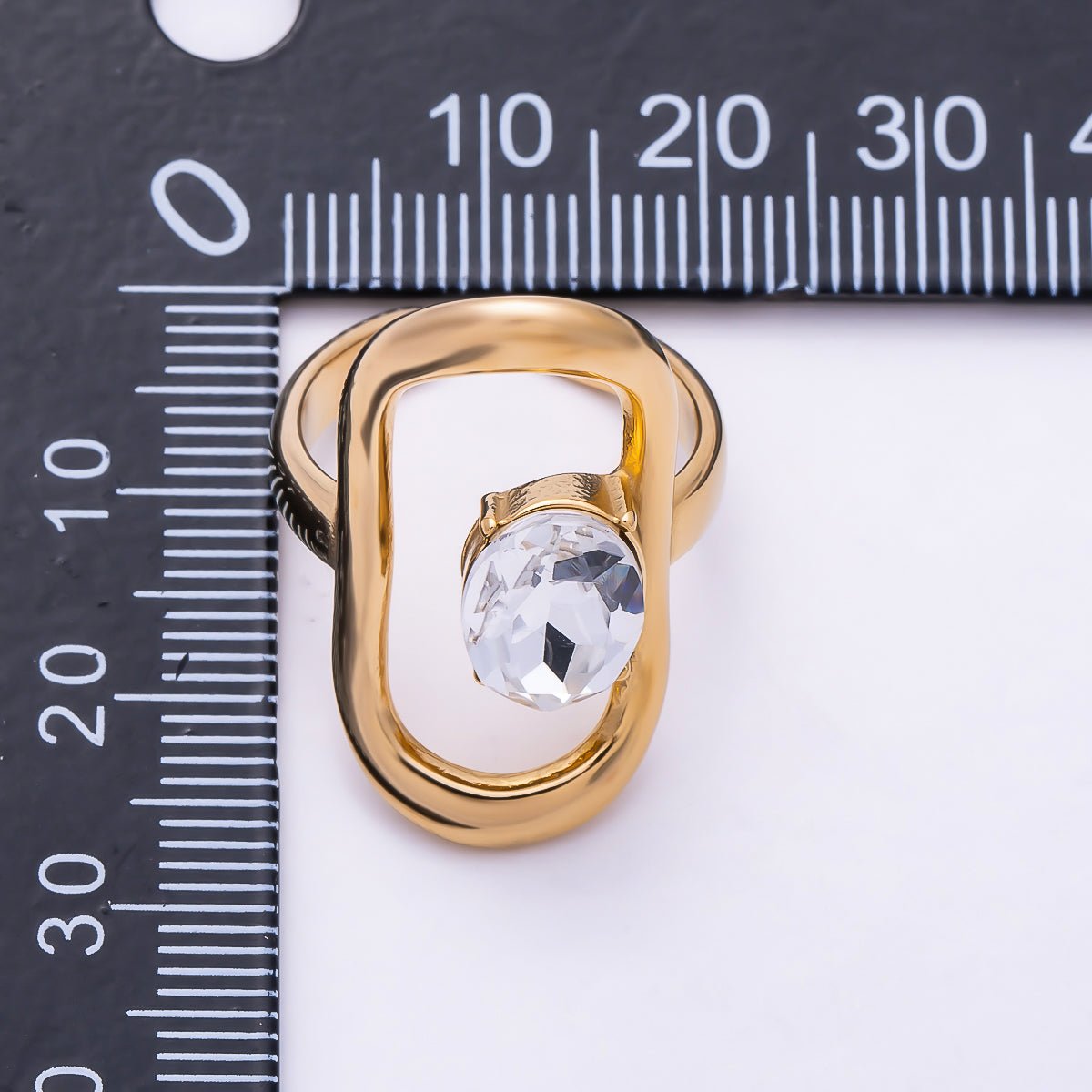 Stainless Steel Gold PVD Abstract Open Oval Frame Solitaire CZ Adjustable Ring | Rings-00355 - Rings-00356 - DLUXCA
