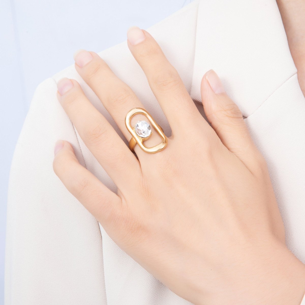Stainless Steel Gold PVD Abstract Open Oval Frame Solitaire CZ Adjustable Ring | Rings-00355 - Rings-00356 - DLUXCA