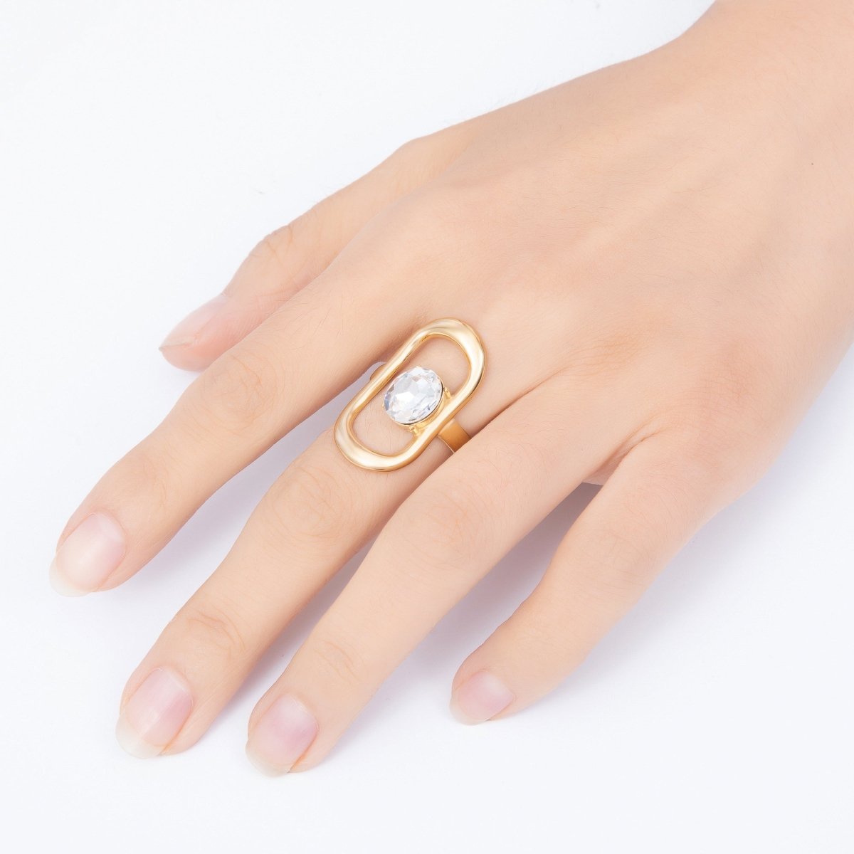 Stainless Steel Gold PVD Abstract Open Oval Frame Solitaire CZ Adjustable Ring | Rings-00355 - Rings-00356 - DLUXCA
