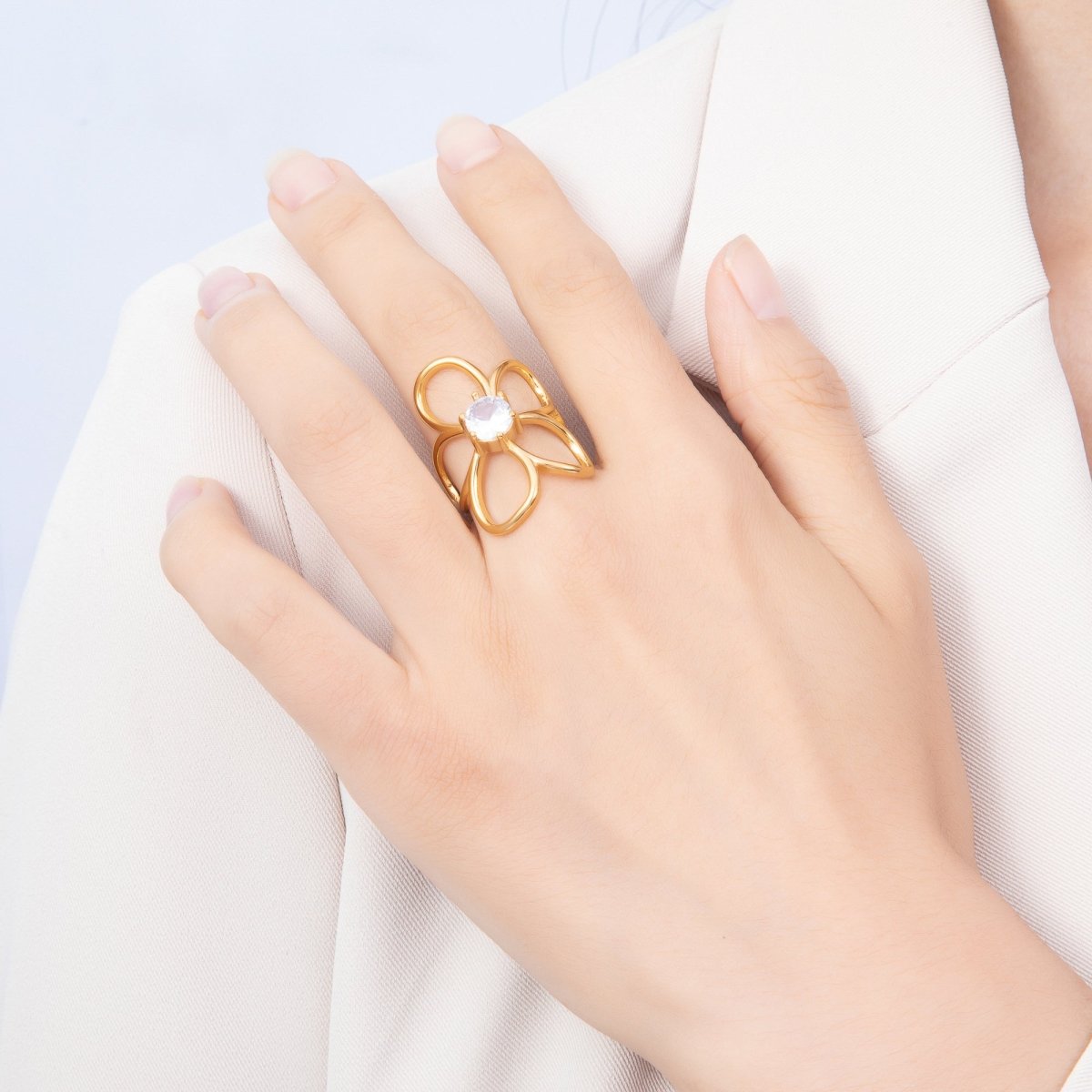 Stainless Steel Gold PVD Abstract Wire Flower Solitaire Clear CZ Statement Ring | Rings-00361 - Rings-00362 - DLUXCA