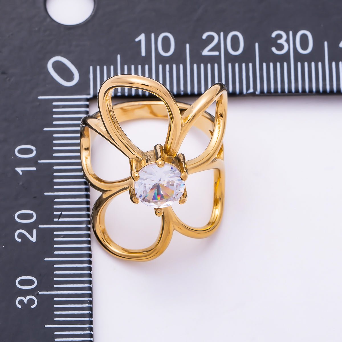 Stainless Steel Gold PVD Abstract Wire Flower Solitaire Clear CZ Statement Ring | Rings-00361 - Rings-00362 - DLUXCA