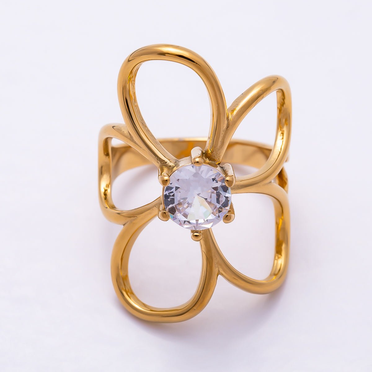 Stainless Steel Gold PVD Abstract Wire Flower Solitaire Clear CZ Statement Ring | Rings-00361 - Rings-00362 - DLUXCA
