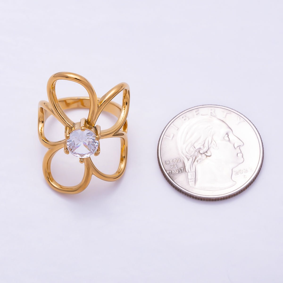 Stainless Steel Gold PVD Abstract Wire Flower Solitaire Clear CZ Statement Ring | Rings-00361 - Rings-00362 - DLUXCA