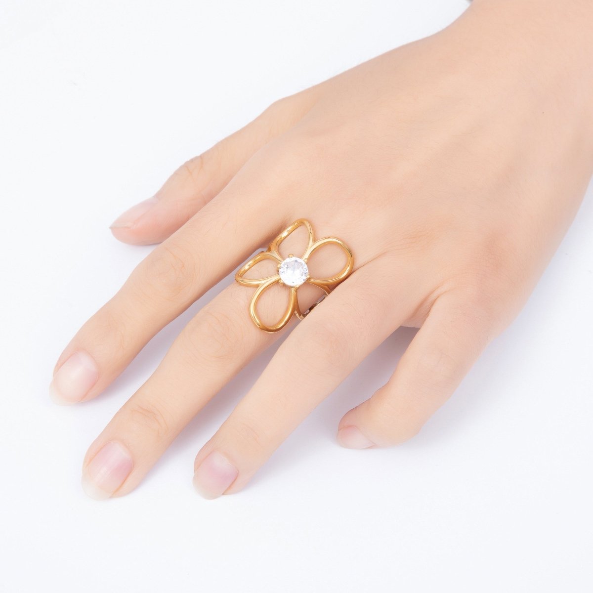 Stainless Steel Gold PVD Abstract Wire Flower Solitaire Clear CZ Statement Ring | Rings-00361 - Rings-00362 - DLUXCA