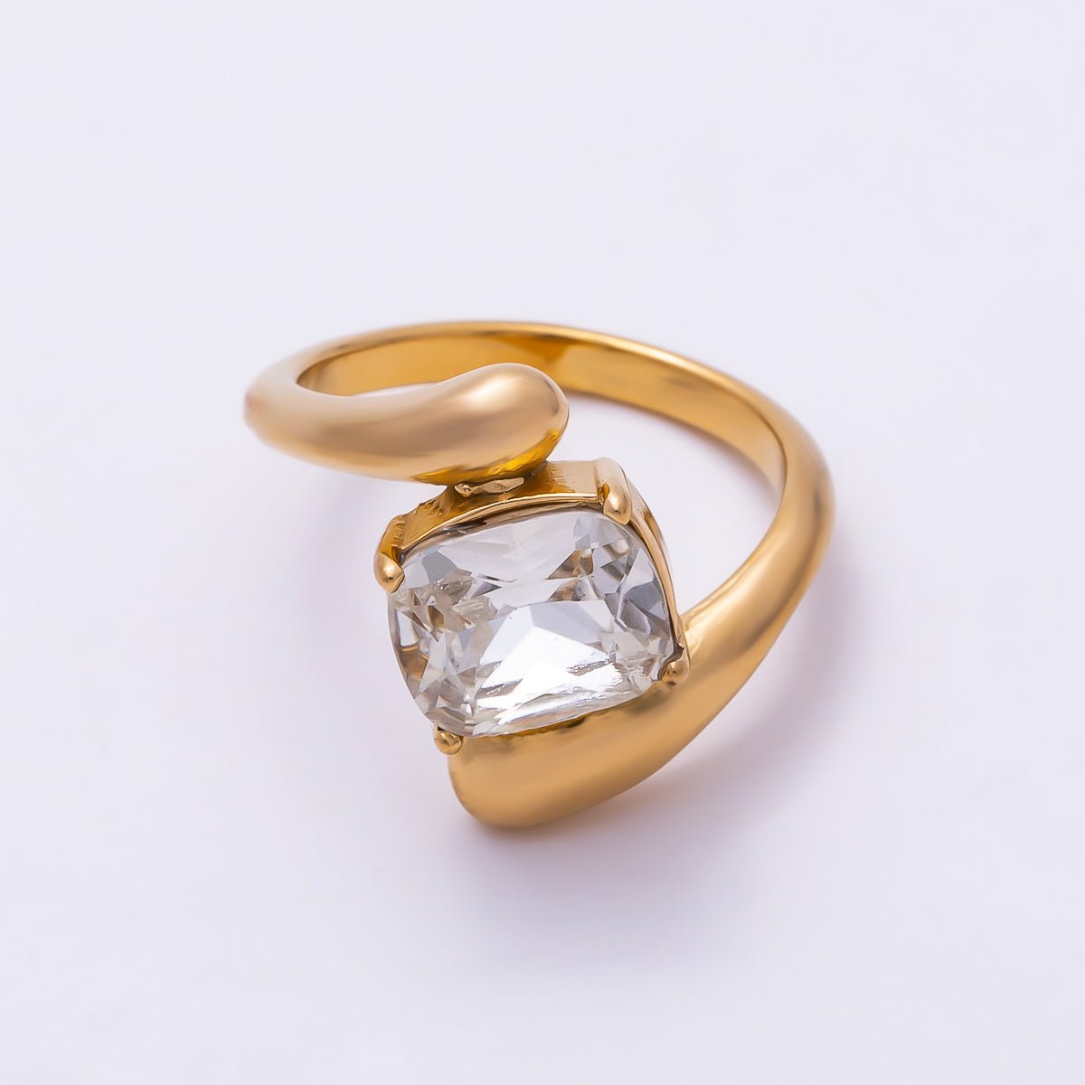 Stainless Steel Gold PVD Asymmetric Bypass Cushion-Cut CZ Statement Ring | Rings-00357 - Rings-00358 - DLUXCA