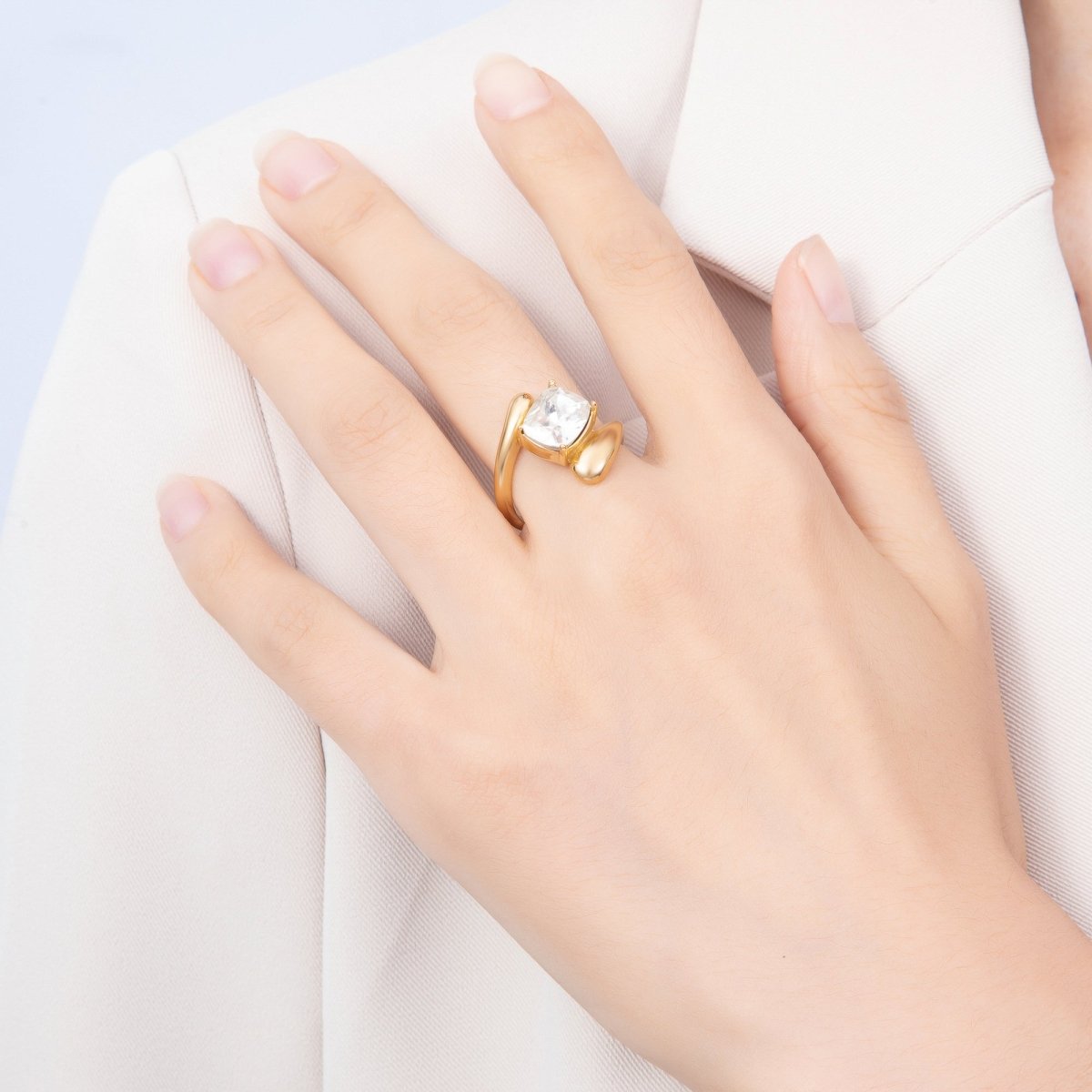 Stainless Steel Gold PVD Asymmetric Bypass Cushion-Cut CZ Statement Ring | Rings-00357 - Rings-00358 - DLUXCA