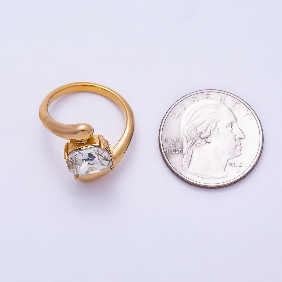 Stainless Steel Gold PVD Asymmetric Bypass Cushion-Cut CZ Statement Ring | Rings-00357 - Rings-00358 - DLUXCA