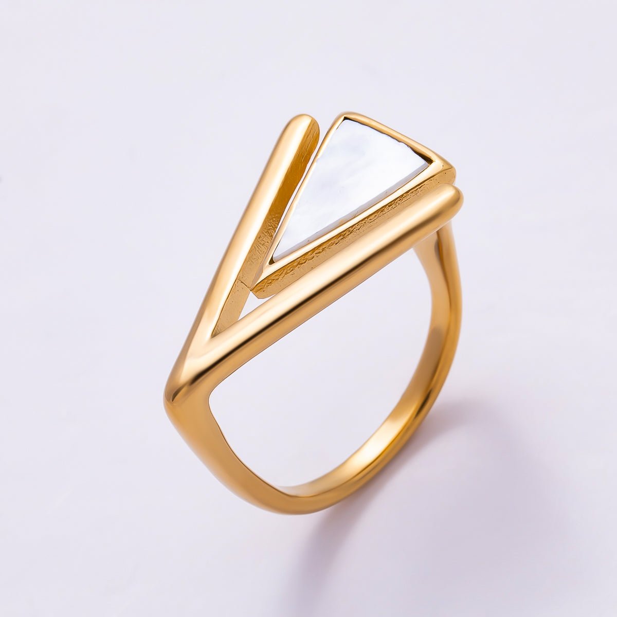 Stainless Steel Gold PVD Geometric Triangle White Mother of Pearl Chevron Ring | Rings-00359 - Rings-00360 - DLUXCA