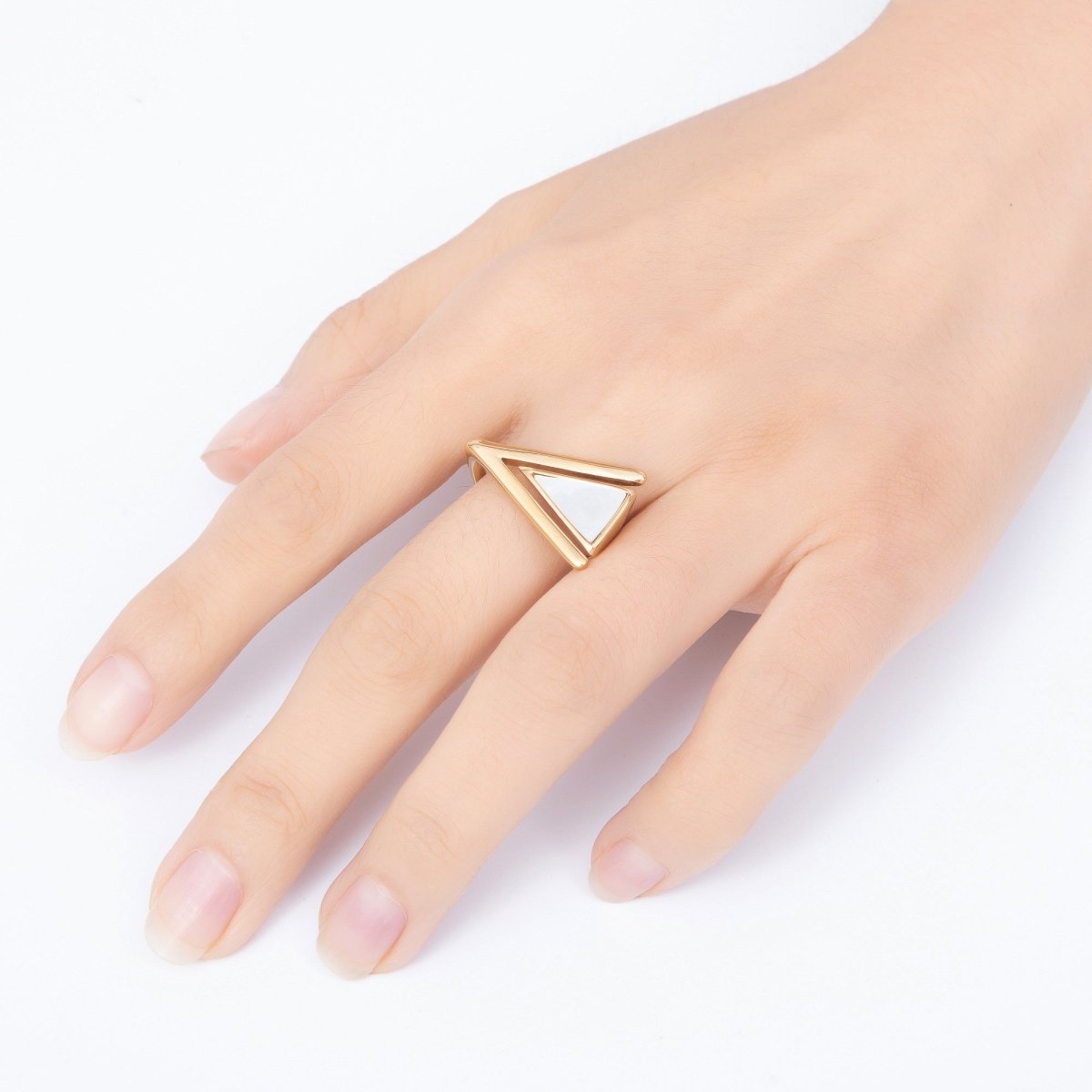 Stainless Steel Gold PVD Geometric Triangle White Mother of Pearl Chevron Ring | Rings-00359 - Rings-00360 - DLUXCA