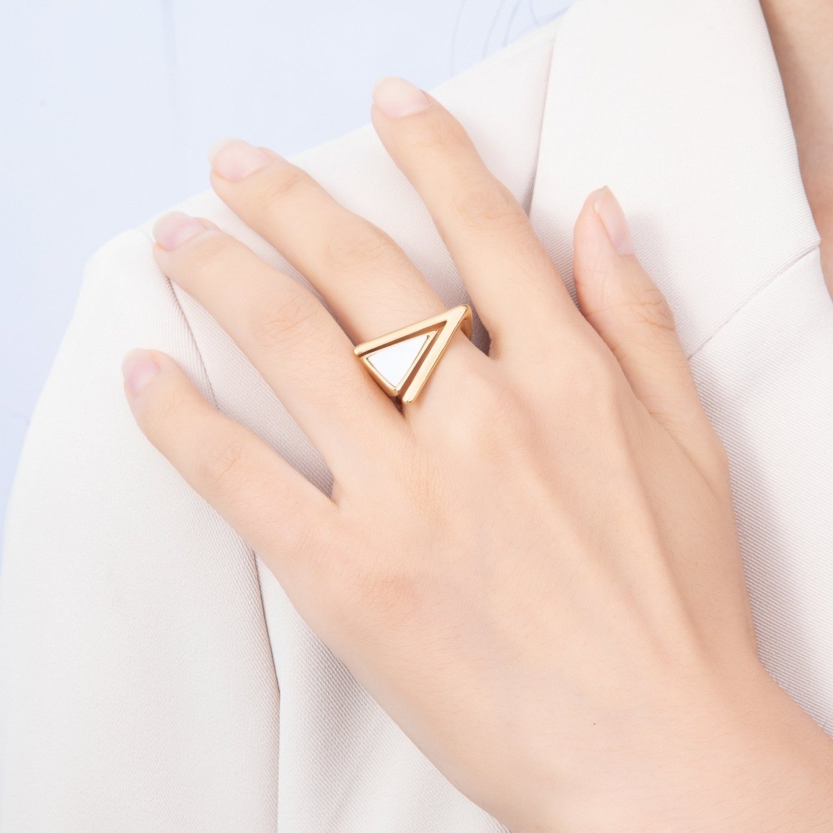 Stainless Steel Gold PVD Geometric Triangle White Mother of Pearl Chevron Ring | Rings-00359 - Rings-00360 - DLUXCA