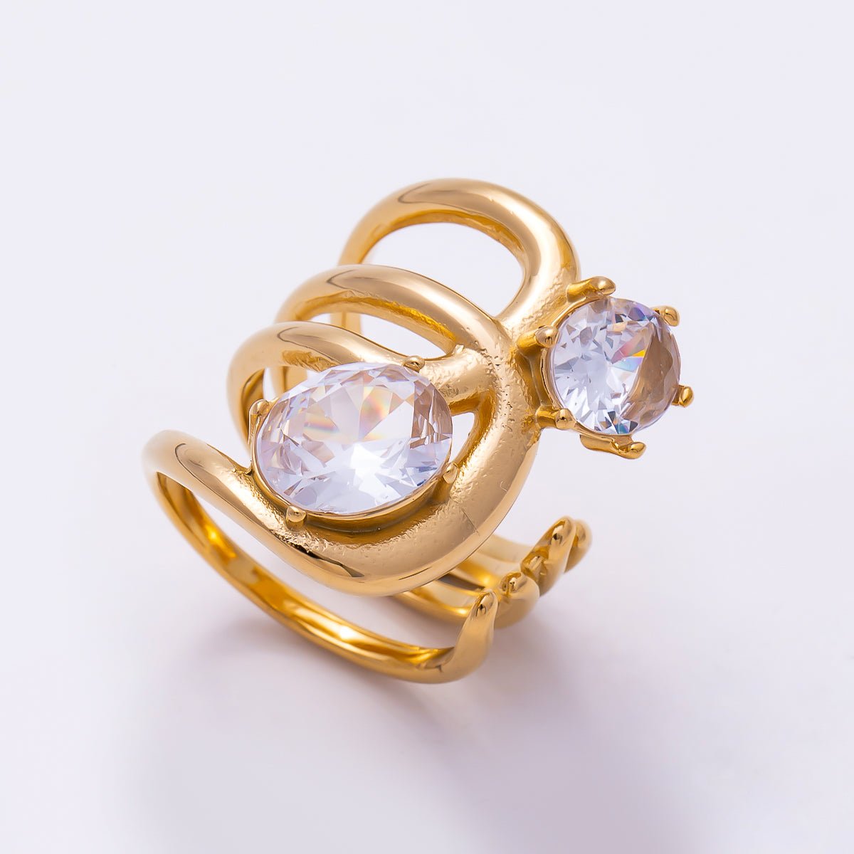 Stainless Steel Gold PVD Multi-Layer Spiral Oval & Round CZ Adjustable Ring | Rings-00367 - Rings-00368 - DLUXCA