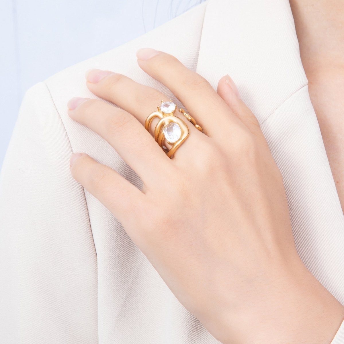 Stainless Steel Gold PVD Multi-Layer Spiral Oval & Round CZ Adjustable Ring | Rings-00367 - Rings-00368 - DLUXCA