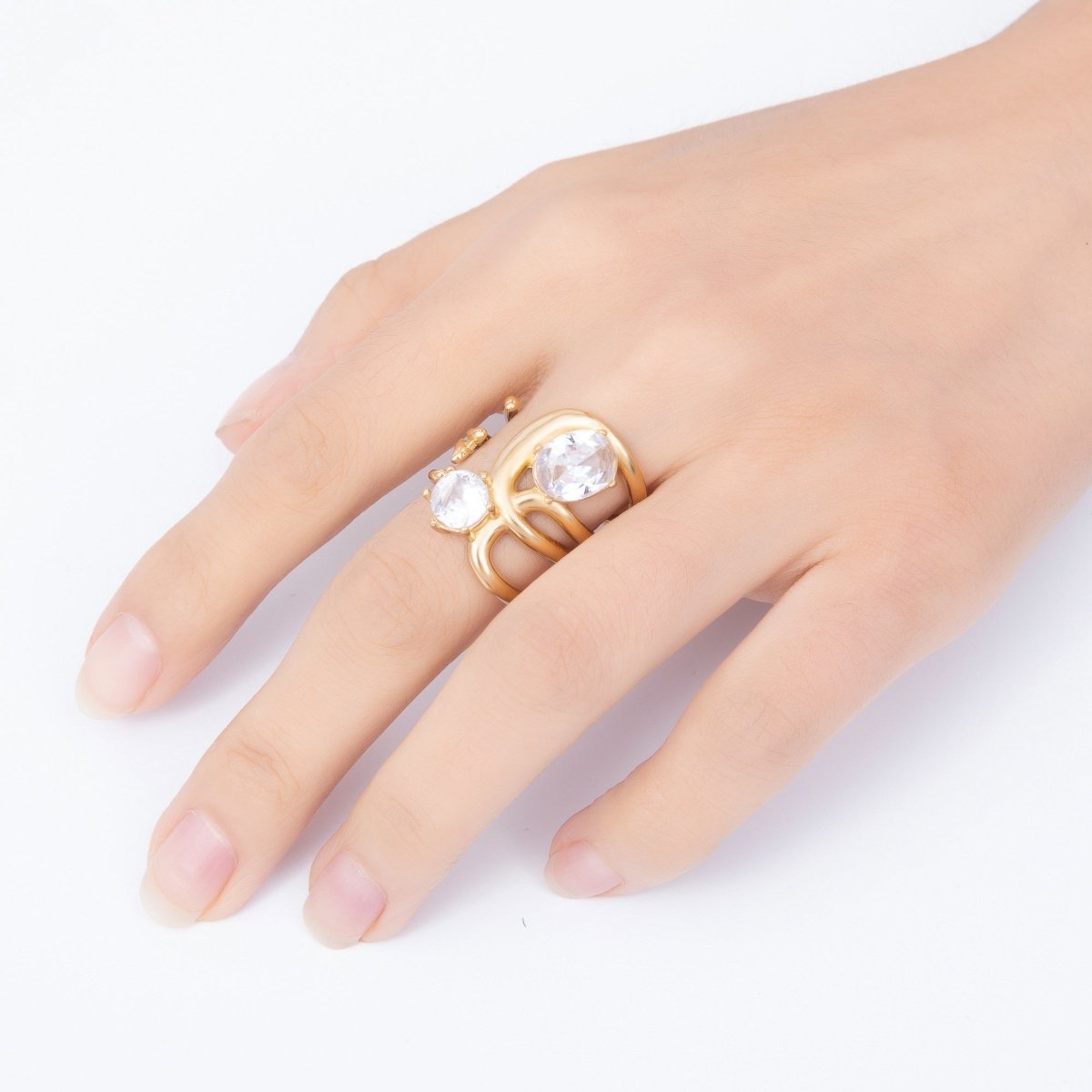 Stainless Steel Gold PVD Multi-Layer Spiral Oval & Round CZ Adjustable Ring | Rings-00367 - Rings-00368 - DLUXCA