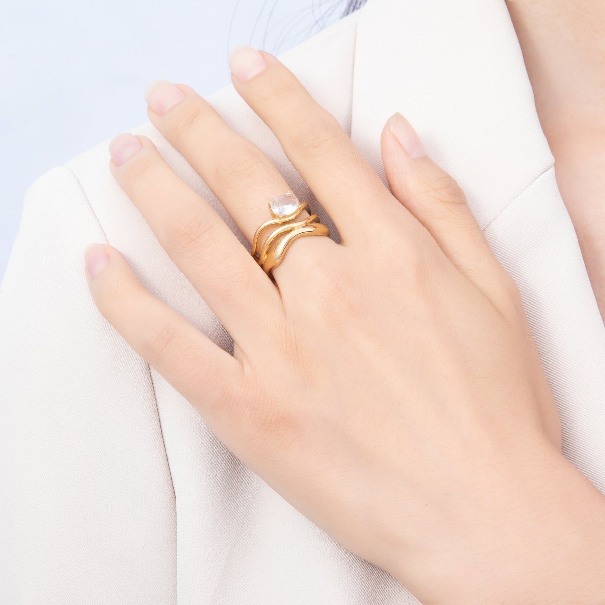 Stainless Steel Gold PVD Multi-Layer Wavy Oval CZ Adjustable Ring | Rings-00363 - Rings-00364 - DLUXCA