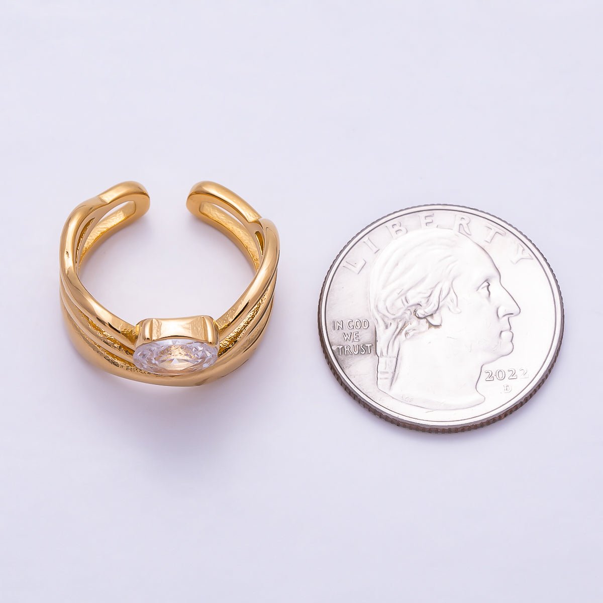 Stainless Steel Gold PVD Multi-Layer Wavy Oval CZ Adjustable Ring | Rings-00363 - Rings-00364 - DLUXCA