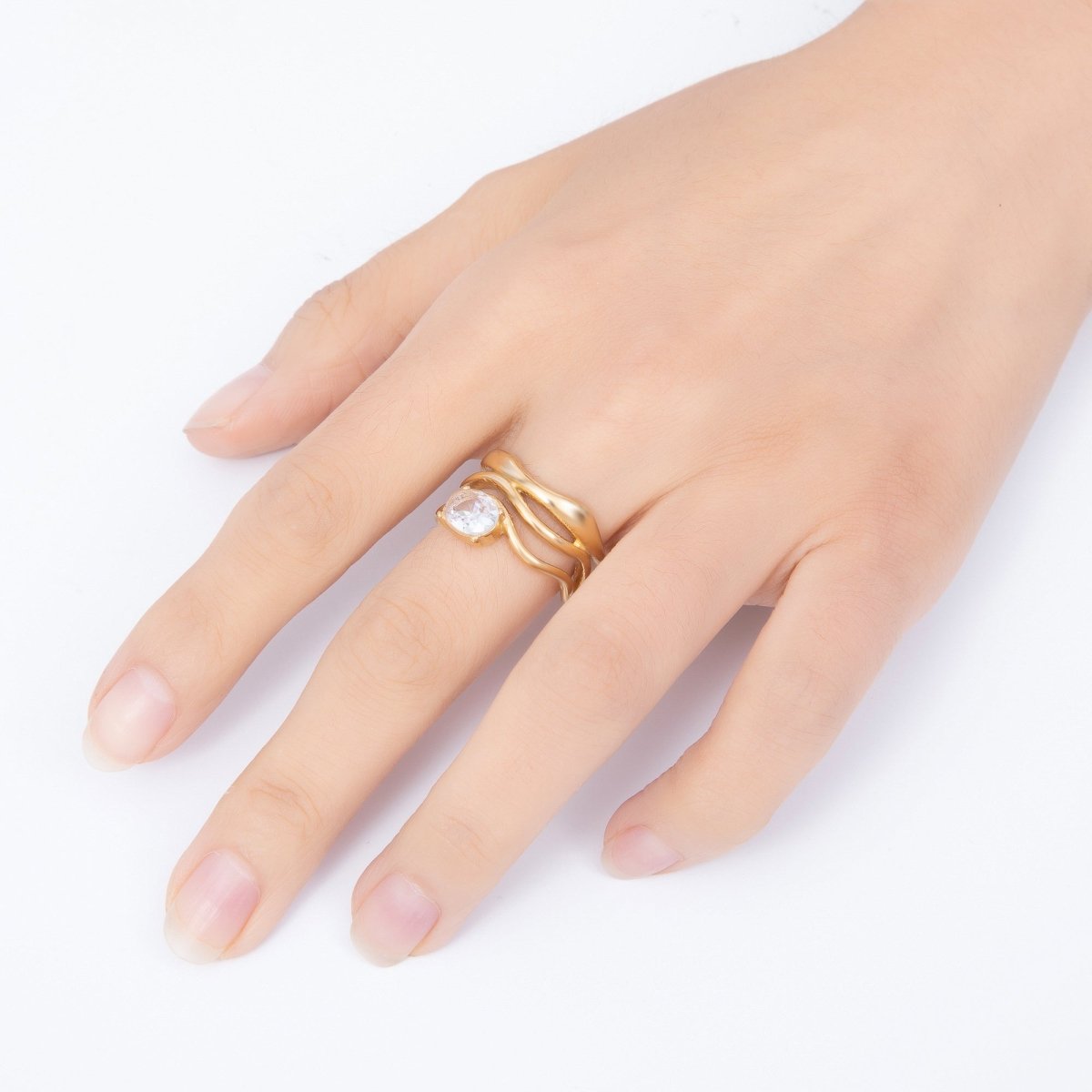Stainless Steel Gold PVD Multi-Layer Wavy Oval CZ Adjustable Ring | Rings-00363 - Rings-00364 - DLUXCA