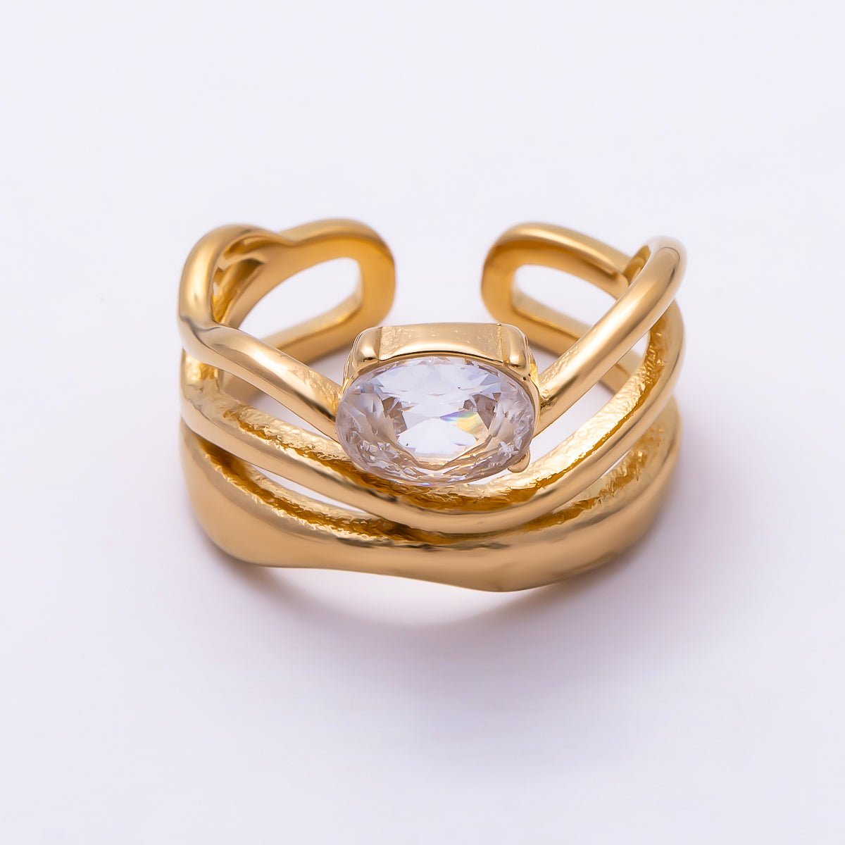 Stainless Steel Gold PVD Multi-Layer Wavy Oval CZ Adjustable Ring | Rings-00363 - Rings-00364 - DLUXCA