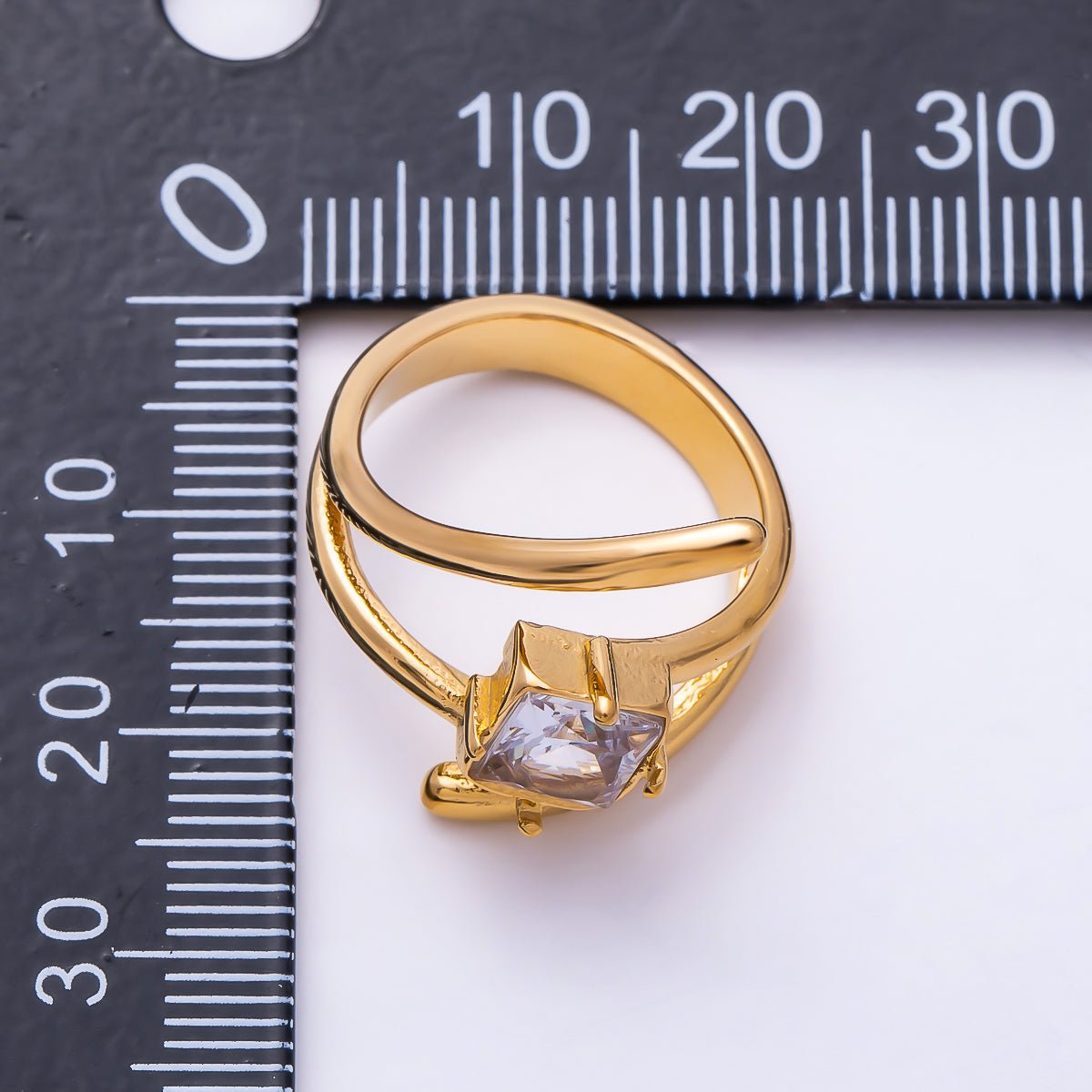 Stainless Steel Gold PVD Sculptural Asymmetric Square CZ Open Statement Ring | Rings-00369 - DLUXCA