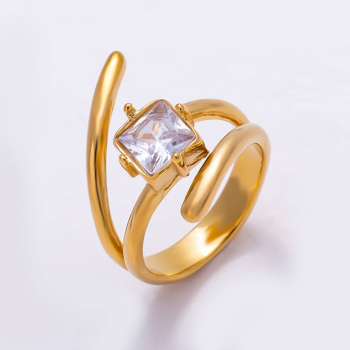 Stainless Steel Gold PVD Sculptural Asymmetric Square CZ Open Statement Ring | Rings-00369 - DLUXCA