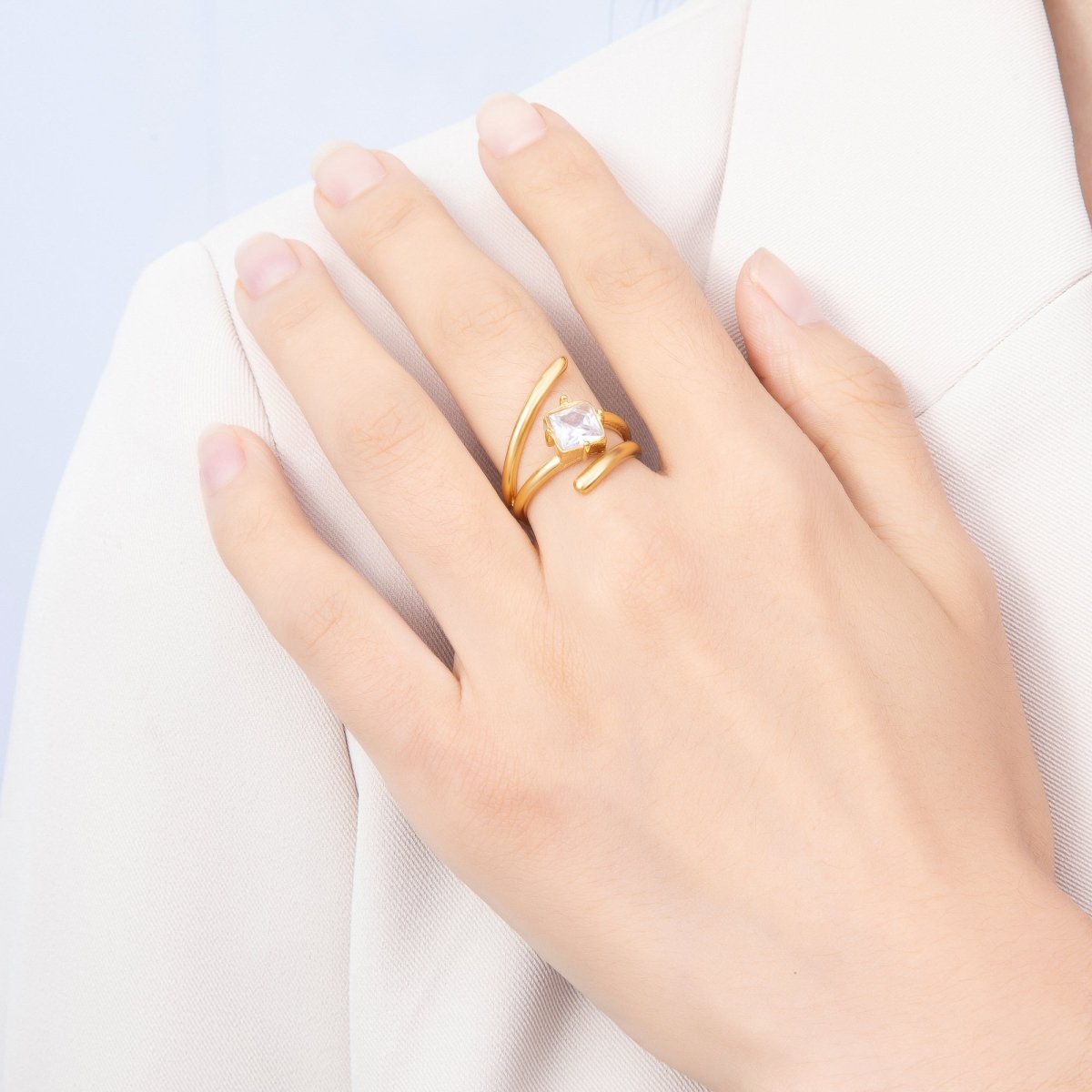 Stainless Steel Gold PVD Sculptural Asymmetric Square CZ Open Statement Ring | Rings-00369 - DLUXCA