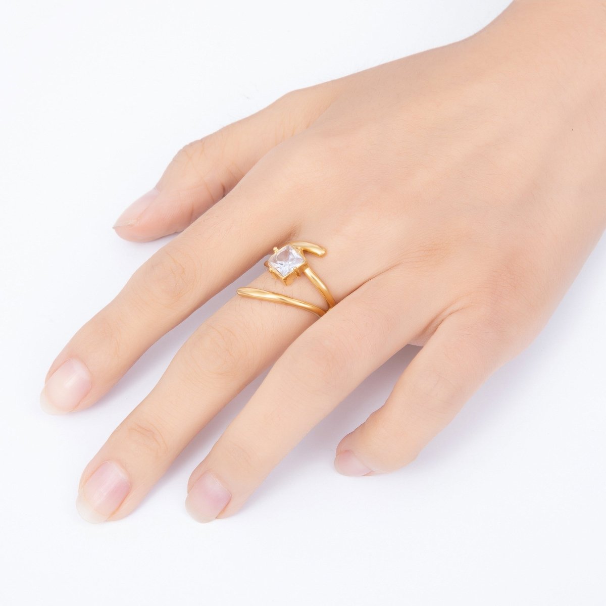 Stainless Steel Gold PVD Sculptural Asymmetric Square CZ Open Statement Ring | Rings-00369 - DLUXCA