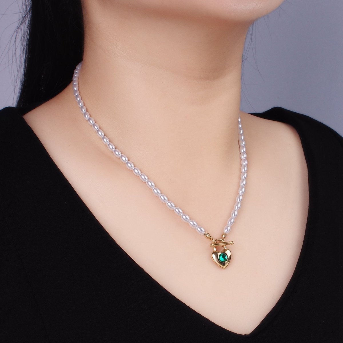 Stainless Steel Green CZ Heart Toggle Shell Pearl 18.5 Inch Necklace | WA - 2540 - DLUXCA