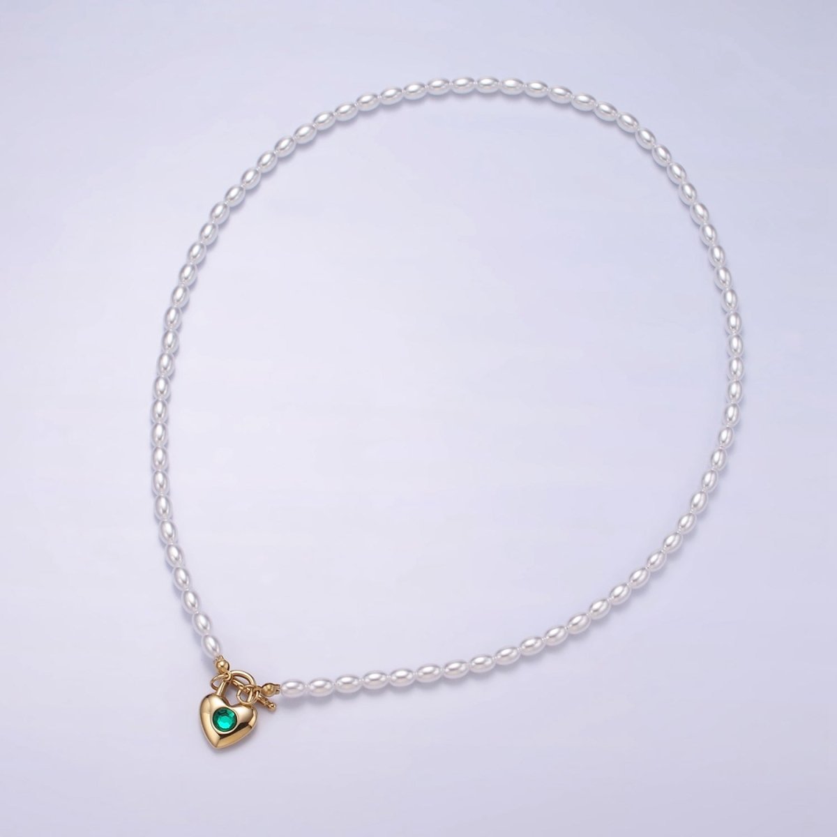 Stainless Steel Green CZ Heart Toggle Shell Pearl 18.5 Inch Necklace | WA - 2540 - DLUXCA