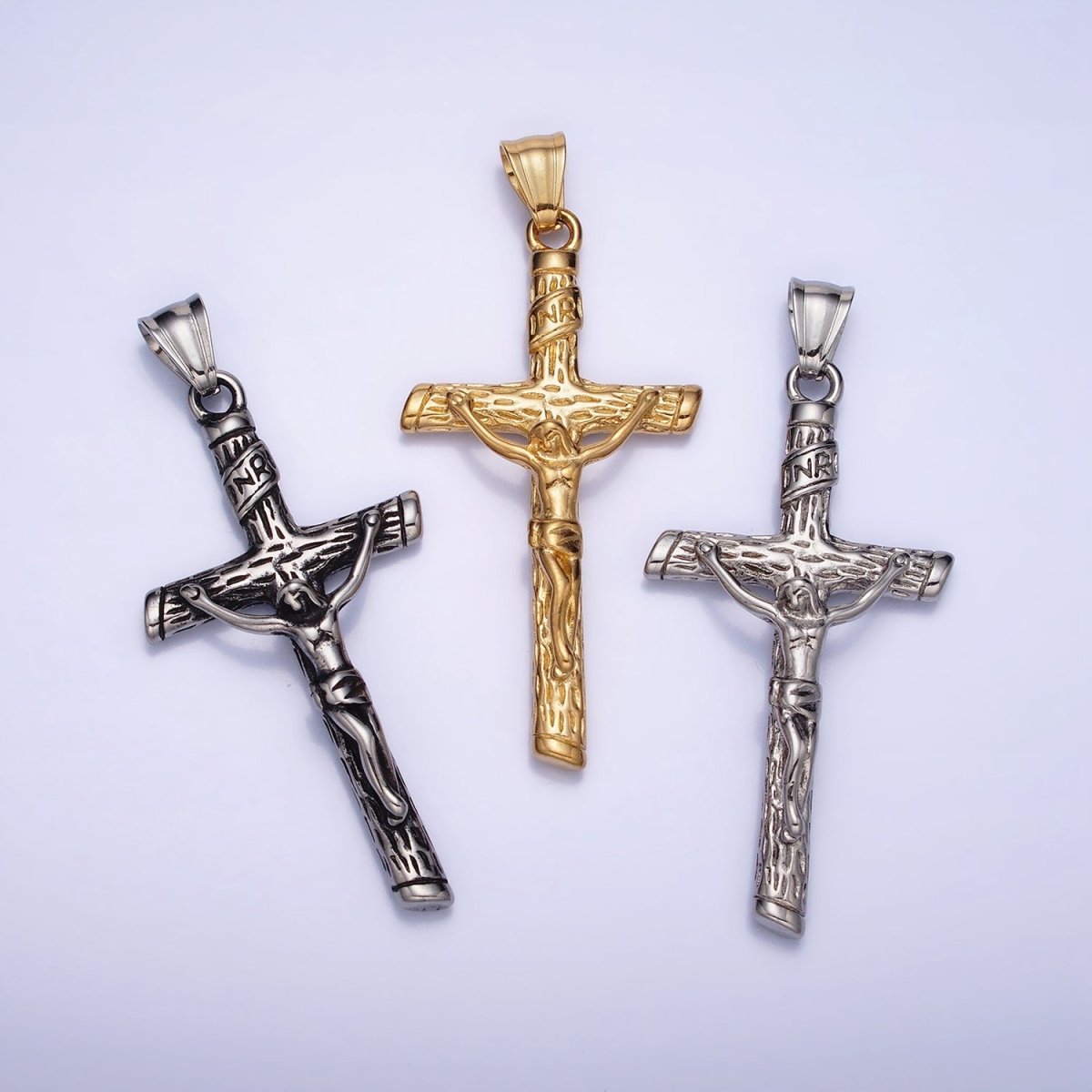 Stainless Steel INRI Crucifix Jesus Wood - Textured Cross 41.5mm Pendant in Gold, Silver & Black P1153 P1154 - DLUXCA