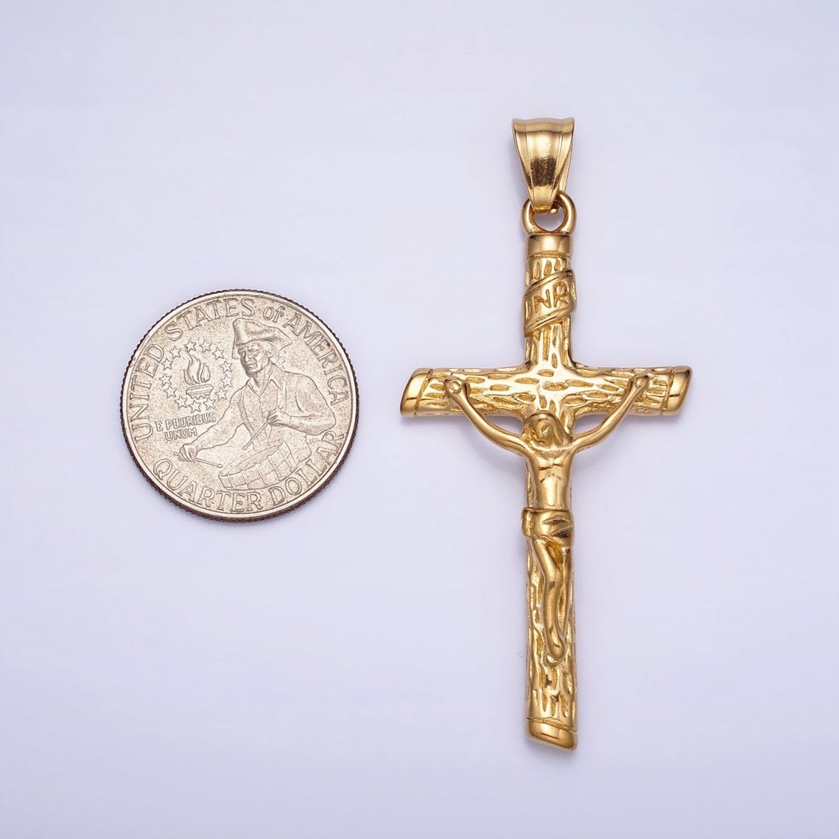 Stainless Steel INRI Crucifix Jesus Wood - Textured Cross 41.5mm Pendant in Gold, Silver & Black P1153 P1154 - DLUXCA