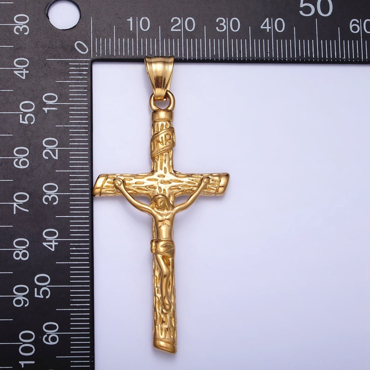 Stainless Steel INRI Crucifix Jesus Wood - Textured Cross 41.5mm Pendant in Gold, Silver & Black P1153 P1154 - DLUXCA