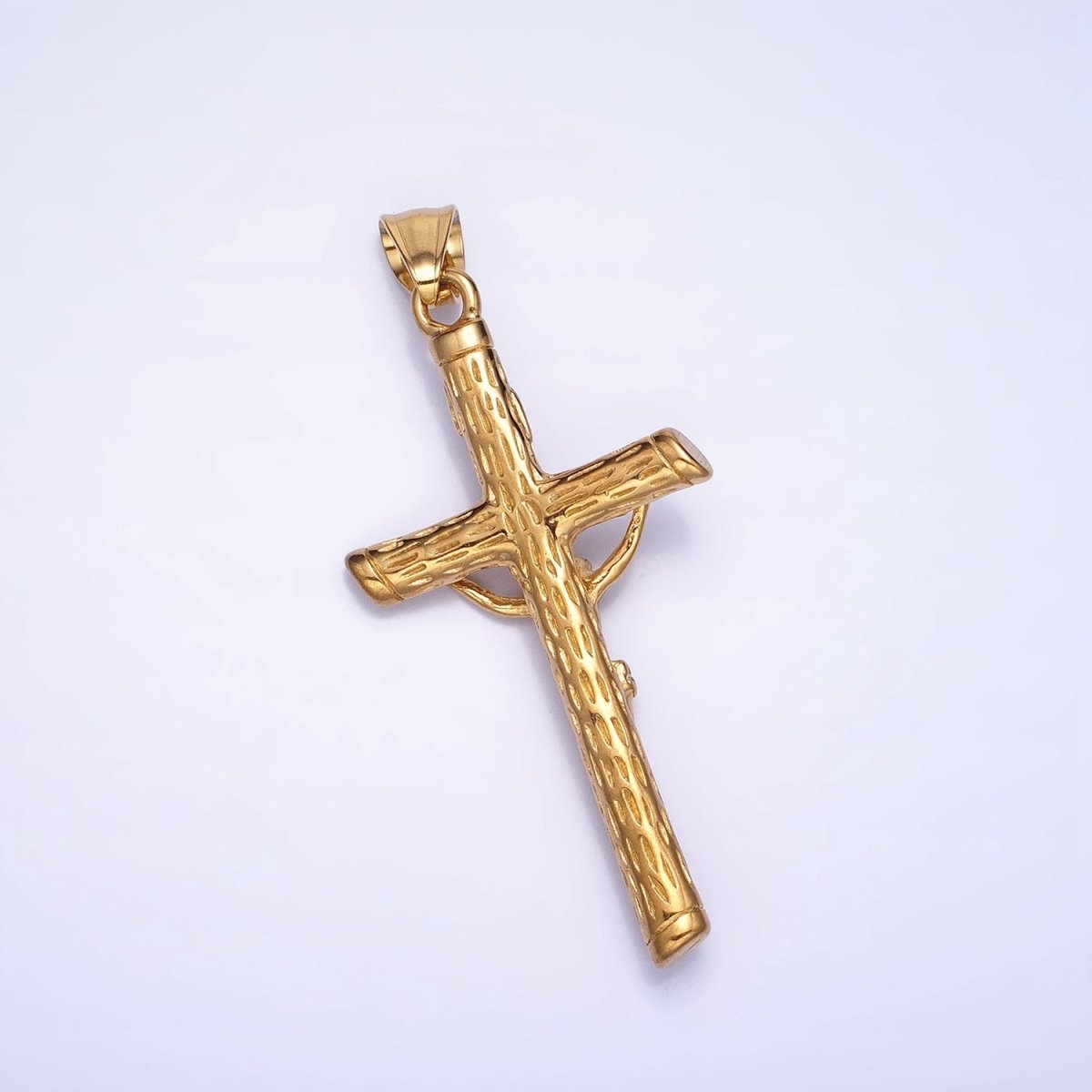 Stainless Steel INRI Crucifix Jesus Wood - Textured Cross 41.5mm Pendant in Gold, Silver & Black P1153 P1154 - DLUXCA