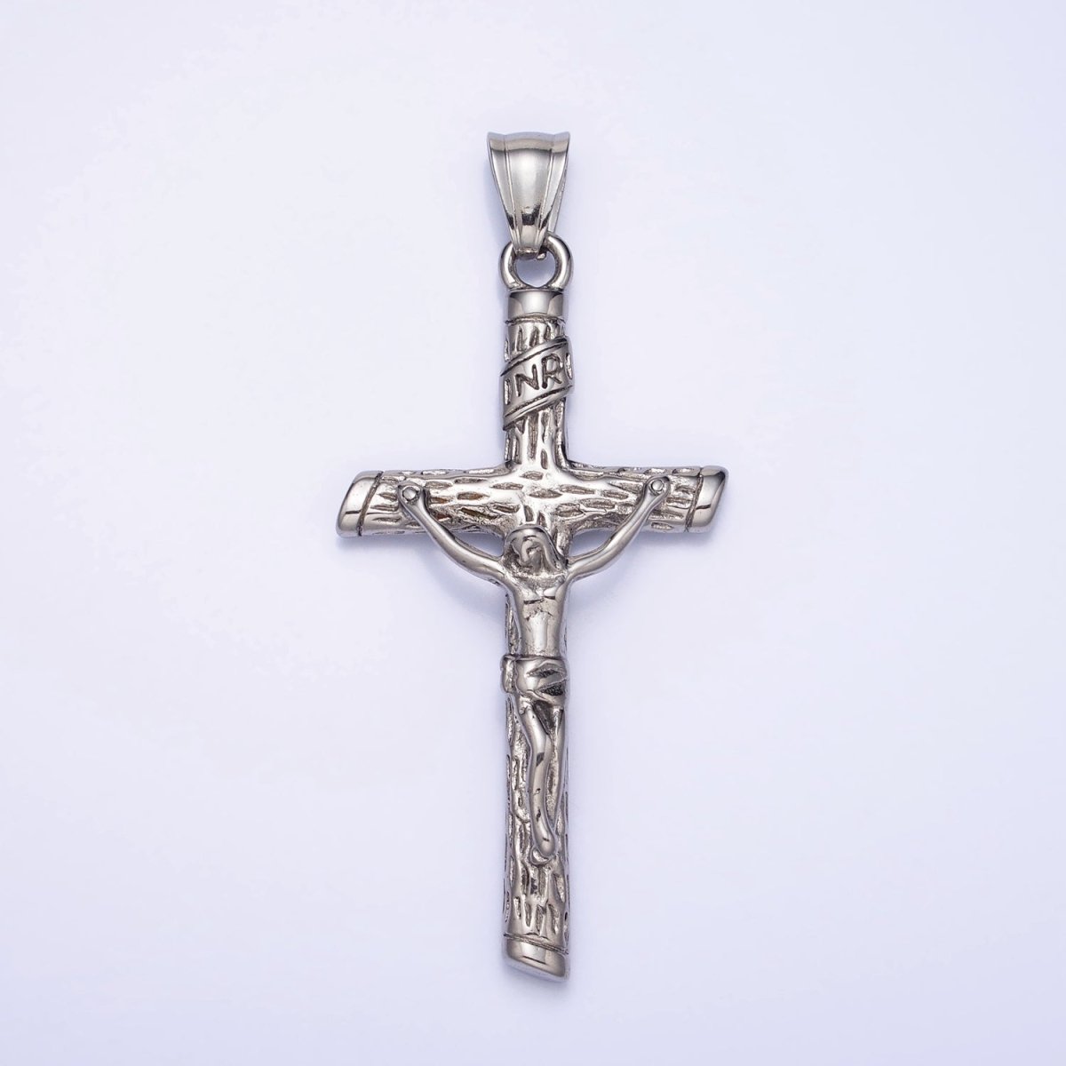 Stainless Steel INRI Crucifix Jesus Wood - Textured Cross 41.5mm Pendant in Gold, Silver & Black P1153 P1154 - DLUXCA