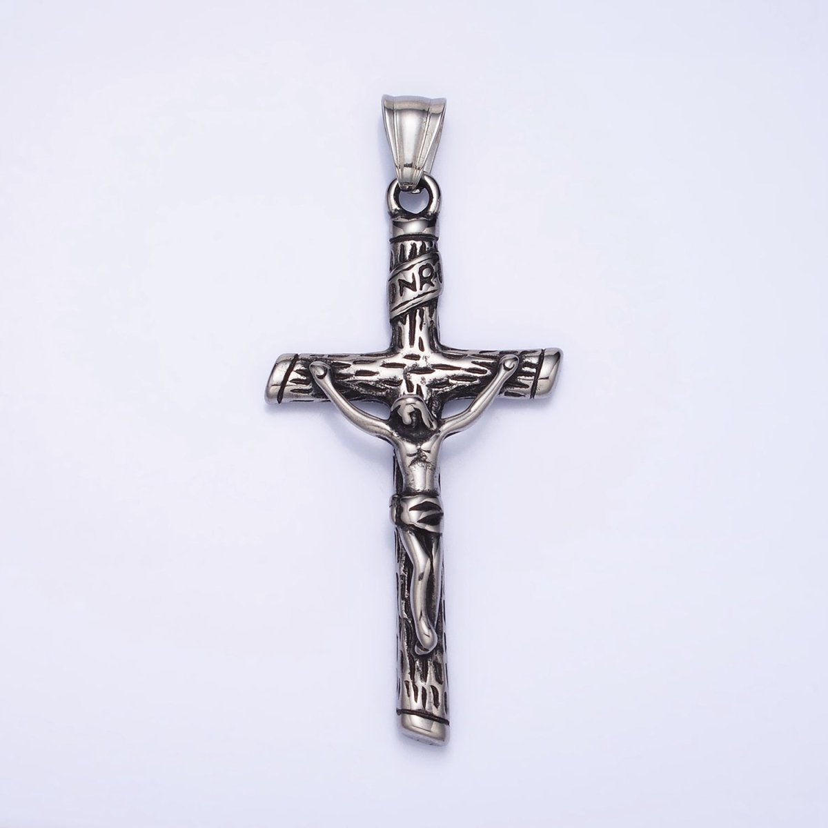 Stainless Steel INRI Crucifix Jesus Wood - Textured Cross 41.5mm Pendant in Gold, Silver & Black P1153 P1154 - DLUXCA