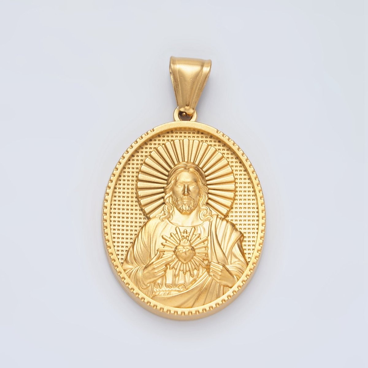 Stainless Steel Jesus Sacred Heart Textured Oval Pendant | P1468 - DLUXCA