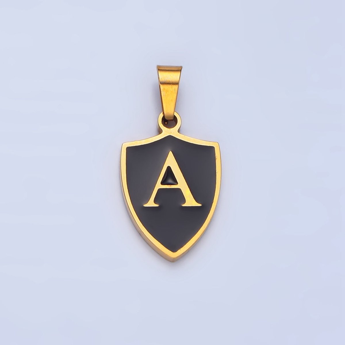 Stainless Steel Letter Initial Black Enamel Shield Charm | A1617 - A1629 - DLUXCA