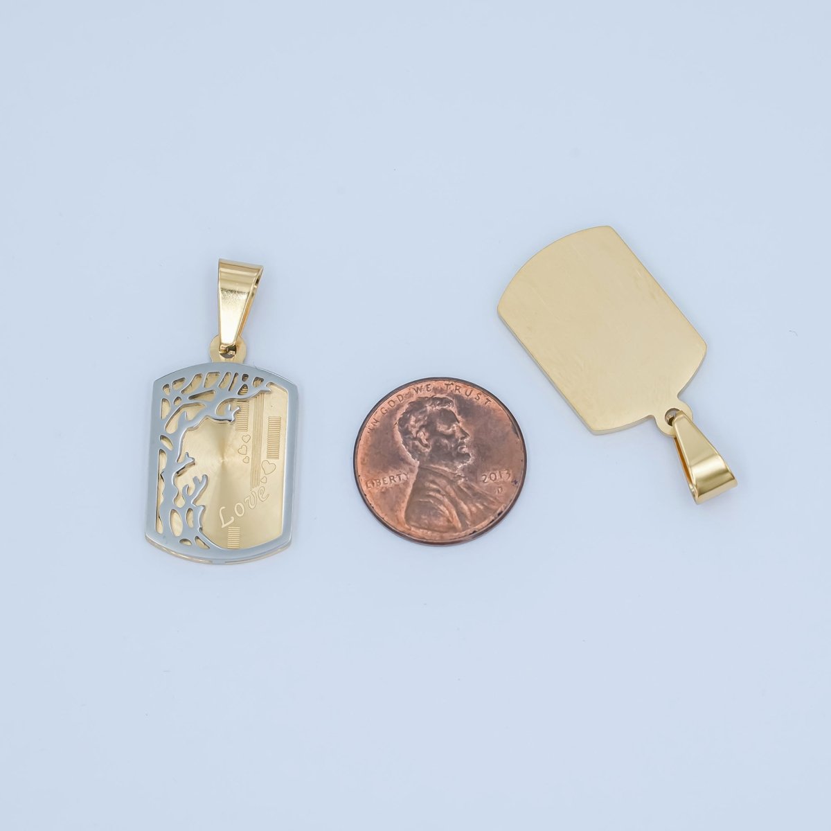 Stainless Steel "Love" Tree Lined Geometric Tag Pendant in Gold & Mixed Metal | P930 - DLUXCA