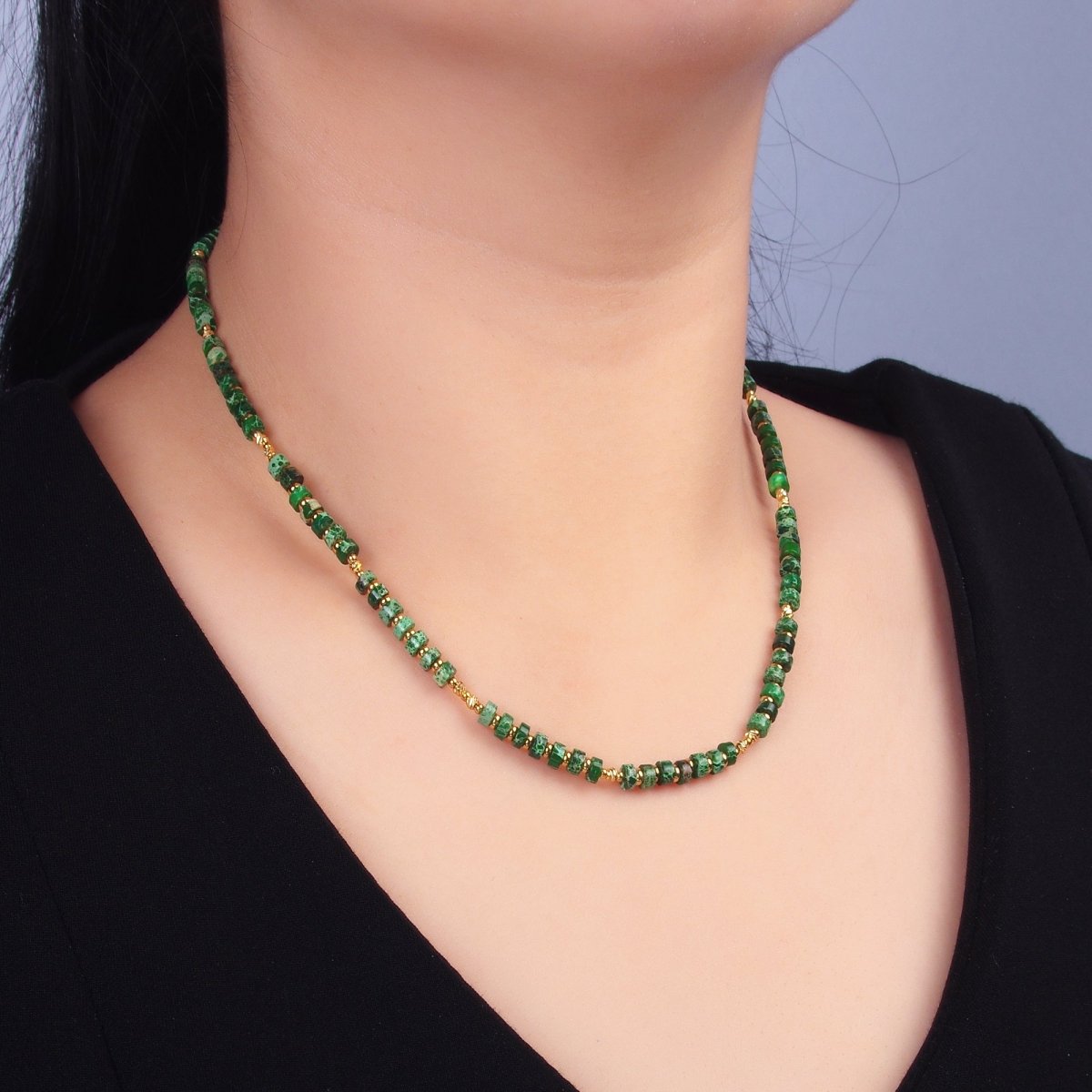 Stainless Steel Malachite Natural Gemstone Bead 16 Inch Choker Necklace | WA - 3108 - DLUXCA