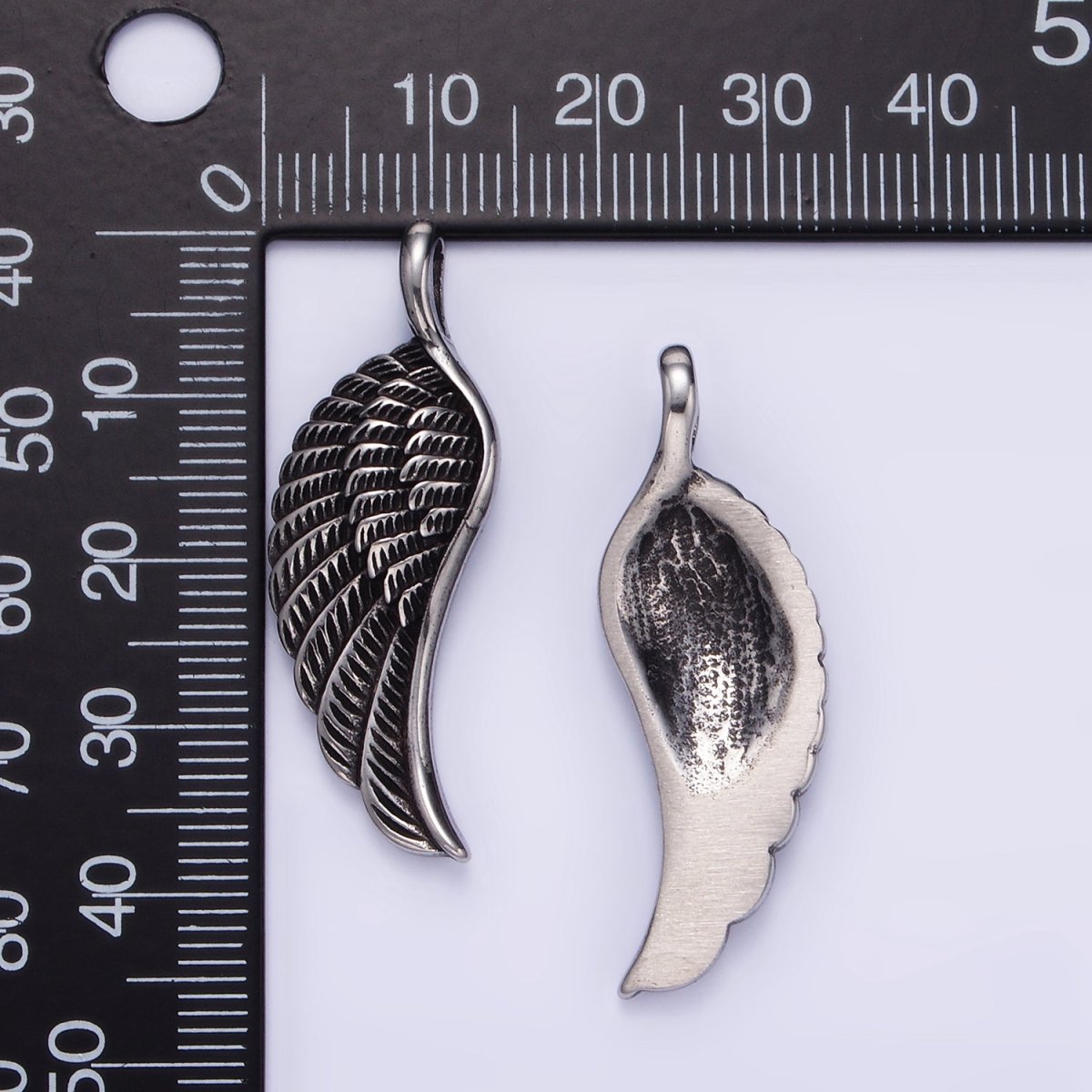 Stainless Steel Minimalist Feather Angel Wing Oxidized Silver Pendant | P1452 - DLUXCA