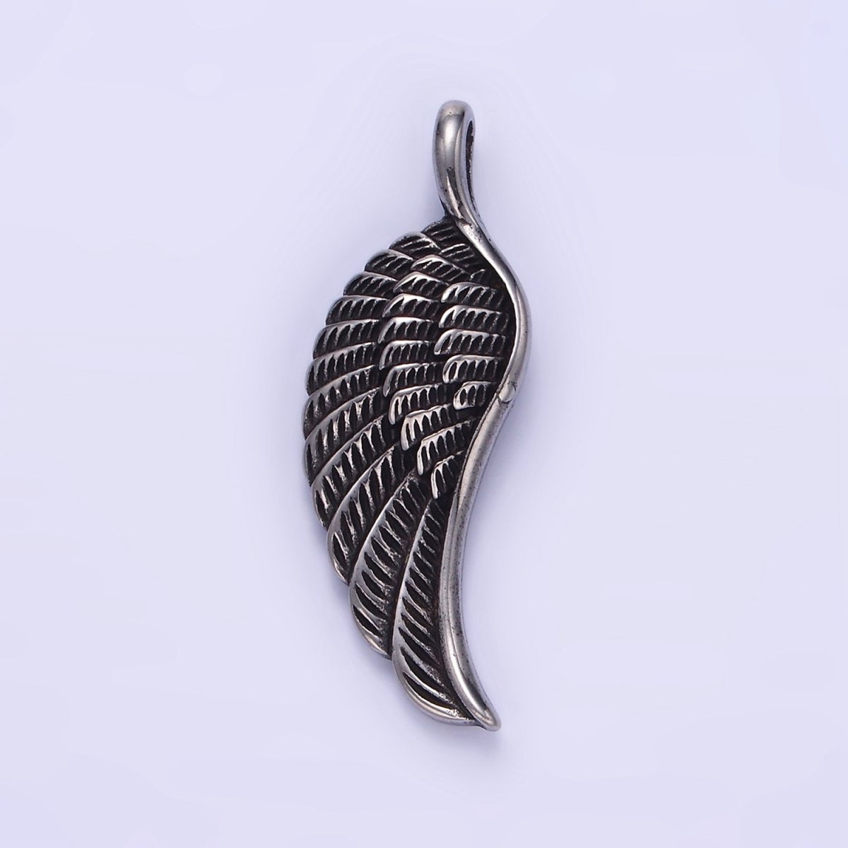 Stainless Steel Minimalist Feather Angel Wing Oxidized Silver Pendant | P1452 - DLUXCA