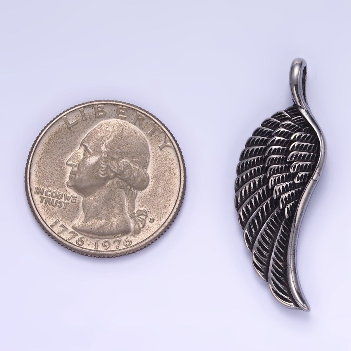 Stainless Steel Minimalist Feather Angel Wing Oxidized Silver Pendant | P1452 - DLUXCA