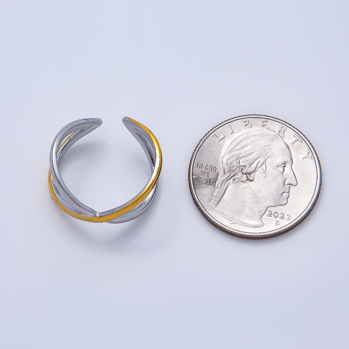 Stainless Steel Minimalist Mixed Metal X Crossed Double Band Ring | Rings-00176 - DLUXCA